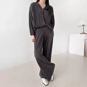 [옷자락] 여자 플리츠 찰랑 카라넥 긴팔 셔츠 일자 통팬츠 세트