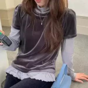 여성 벨벳 레이어드 프릴 시스루 터틀넥 티셔츠
