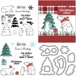 크리스마스 트리 베어 클리어 스탬프 및 다이 컷 세트 수제 카드 제작 금속 절단용 스텐실 스크랩북 키트