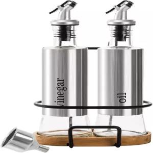 테베리 2팩 올리브 오일 및 식초 병 세트 랙과 나무 베이스 10온스 디스펜서 유리 쿠킹 크루트 푸어