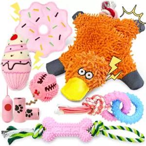 작은 개와 강아지를 위한 AXIIJGL 9팩 씹는 장난감 오리 도넛 케이크 뼈 및 간식 공을 포함한 스터핑 없는