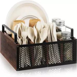 파티 주방 카운터용 미모로우 나무 냅킨 종이 접시 및 식기 홀더 캐디 컵 스푼 포크 액세서리다크 우드