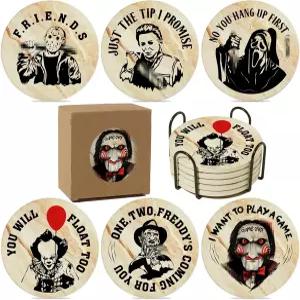음료용 할로윈 호러코스터 코스티 홀더가 있는 6PCS 으스스한 코스트 세트 커피 테이블용 스톤앤코크코스터