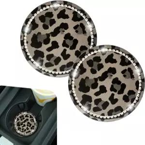 2PCS 자동차 컵 홀더 코스터 미끄럼 방지 실리콘 레오파드 프린트 블링 라인스톤 2.75인치 크리스탈 여성