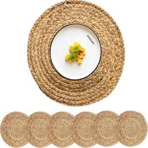 사이 시스터즈 직조 플레이스 매트 원형 세트 6 13.5인치 위커 서클 라탄 농가 보호 브레이드 천연수