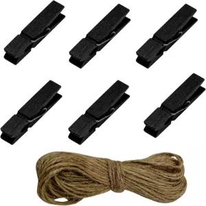 나무 옷핀 100개 1.3인치3.5cm 검은색 작은 칩 클립 33피트 황마 트위니 가방 빨래핀 무거운 야외용블랙
