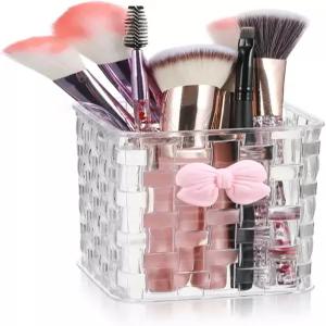 책상용 아크릴 펜 홀더 직조 질감과 활이 있는 귀여운 클리어 메이크업 브러시 사무실 홈스쿨 화장품용