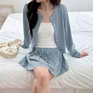 [하프클럽/]여성 라운드넥 버튼 가디건 플리츠 미니스커트 코디 세트