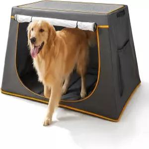 중형 대형견을 위한 43인치 접이식 여행용 개 상자 수납 포켓이 있는 휴대용 개집 실내외 메쉬 창 43.3인치