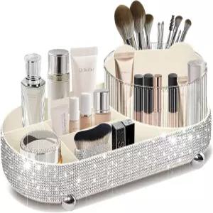 이백스 360 회전 블링 메이크업 오거나이저를 위한 베니티 코스메틱 카운터탑 라인스톤 브러시 홀더