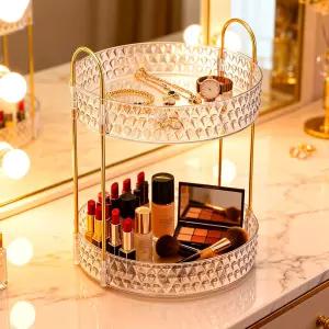 베니티를 위한 골드 회전 메이크업 정리함 브러시 홀더가 있는 2단 대용량 향수 및 스킨케어 화장품 보석