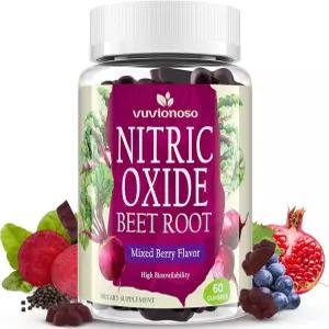 Vuvionoso 일산화질소 비트 루트 구미 6000mg 포도씨 석류 비타민 C B12 무설탕 츄어블 혼합 베리 맛 60