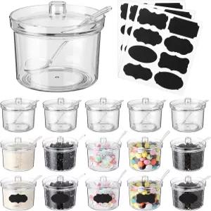 리메리 아크릴 그릇 20개 용기 7.1온스 투명 설탕 홀더 디스펜서 뚜껑이 있는 소금 태그가 숟가락 가정용