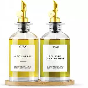 주방용 올리브 오일 디스펜서 대나무 트레이와 라벨이 포함된 11.8온스/350ml 유리 병 간장 크루트 세트