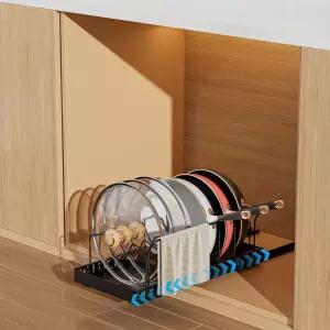 캐비닛 아래 냄비 및 프라이팬 정리함 풀아웃 뚜껑 홀더 8개의 조절 가능한 칸막이 손잡이 브래킷이 있는
