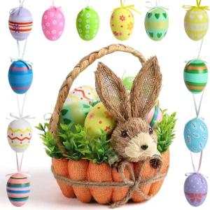 손잡이가 달린 부활절 바구니 장식 수제 빨대 토끼 12개의 매달린 달걀 사탕 보관용 당근 봄과 가정용 식탁