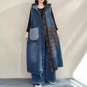 블랙팬서 롱 데님 여자 빈티지 캐주얼 민소매 카디건 조끼 후드 OPH1