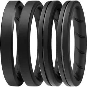 남성용 ROQ 실리콘 고무 웨딩 링 컴포트 핏 밴드 통기성 약혼 스텝 엣지 8mm 너비 두께 4팩 블랙 앤 그레이