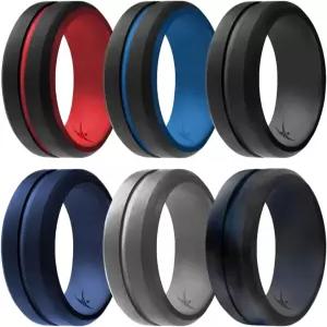 ROQ 남성용 실리콘 링 - 웨딩 밴드 및 고무 약혼 통기성 편안한 착용 각인된 미들 라인 싱글 듀오 멀티팩