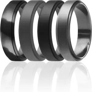 남성용 ROQ 실리콘 고무 웨딩 링 밴드 통기성 약혼 8mm 너비 두께 스텝 엣지 4팩 블랙 카모 실버 베벨드