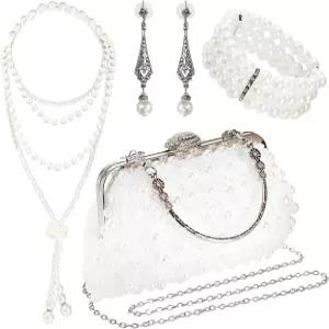 아크시오 1920년대 진주 주얼리 세트 체인이 달린 구슬 클러치 백 댕글 인조 드롭 귀걸이 멀티 스트랜드