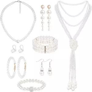 이몹트 여성용 8피스 인조 진주 주얼리 세트 - 목걸이 귀걸이 및 팔찌 결혼식 생일 신부 샤워 티 파티