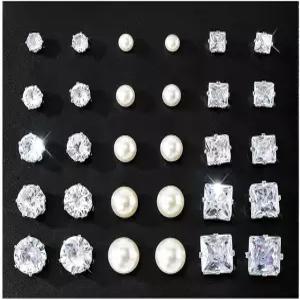 키스 와이프 실버 스터드 귀걸이 세트 여성용 둥근 사각 삼각형 눈물방울 모양 진주 클리어 큐빅