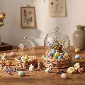 AceOrbit 2팩 투명 클로치 유리 돔 직조 라탄 베이스 디스플레이 벨 모양 앤티크 수집품 표본용 방진 홈