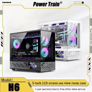 PowerTrain X-GAMERX H6 바다 전망 룸 케이스 5인치 LCD 화면 MATX 유리 측면 투명 360 수냉식 데스크탑 미
