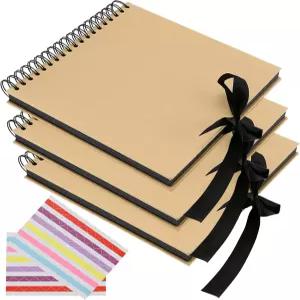 신정은 3팩 10 x 10인치 스크랩북 앨범 150페이지 크래프트 페이퍼 커버 사진 블랙 리본과 모서리 스티커