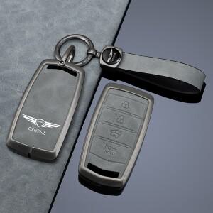 가죽 회색 합금 자동차 키커버 케이스 보호대 쉘 Fob 현대 호환 2020 창세기 G70 EQ900 4 Bottons 액세서리