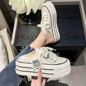 여자 뮬 스니커즈 라벨지 프린팅 통굽 캔버스 사이드 캔버스뮬abc168