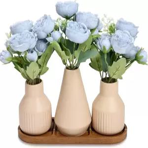 나가비 꽃 테이블 센터피스 - 식탁 장식 세트 도자기 꽃병과 나무 쟁반 모던 주방 아일랜드 거실 커피 홈