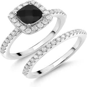 여성용 보석 킹 웨딩 약혼 반지 밴드 브라이덜 세트 925 스털링 실버 쿠션 컷 6MM 탄생석 라운드 1.M