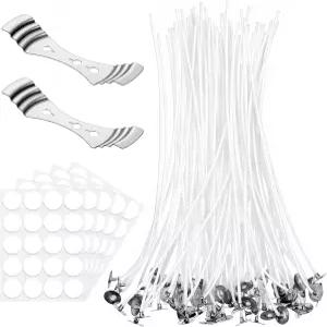 파라핀으로 사전 왁스 처리된 양초용 8인치 면 윅 100개 접착 스티커 100개와 콩 밀랍 금속 심지 홀더 2개