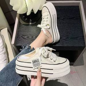여자 캔버스 프린팅 사이드 라벨지 스니커즈 통굽 뮬 캔버스뮬fgh877