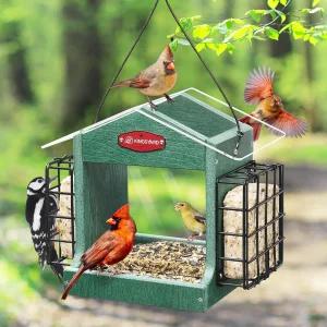 야외용 킹야드 새 모이통 - 금속 메쉬 트레이와 방수 지붕이 있는 재활용 플라스틱 더블 스위트 케이지
