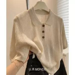 아리엘스타일 봄 여름 꽈베기 골지니트 반오픈 카라 반팔 니트티셔