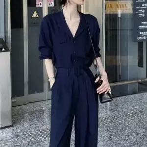 무천도사 여성용 여성 팬츠 네이비 오피스룩 투피스 브이넥 하복 셔츠 하이웨스트 일자 정장세트 세트 KKE2