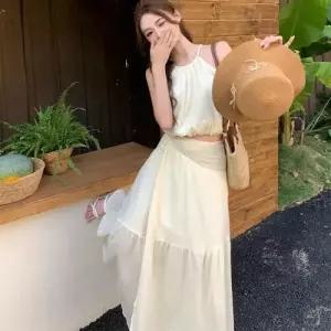 무천도사 여성용 여자 여름 정장세트 바캉스 민소매 홀터넥 롱스커트 세트 KKE2