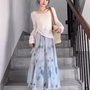 무천도사 여자 여성용 스커트 니트 원피스 하계 탑 A라인 언밸런스 블라우스 세트 정장세트 나염 슬림핏 스