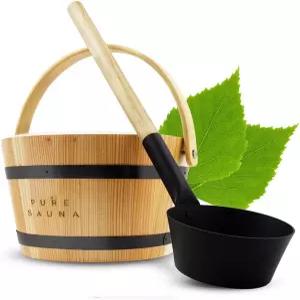 순수 사우나 독특한 나무 물통 및 국자 세트 - 개선된 인체공학적 손잡이 시더 우드 티타늄 4L 용량의