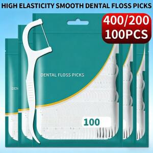 초미세 고탄성 일회용 치실 스틱 픽 400/200/100개, 부드럽고 찢어지지 않는 2-in-1 듀얼 헤드