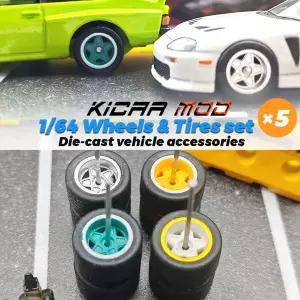 고정된 검정색 고무 타이어가 있는 1/64 휠 모델 자동차용 오각형 스포크 Hotwheels용 부품 재장착5개 자동