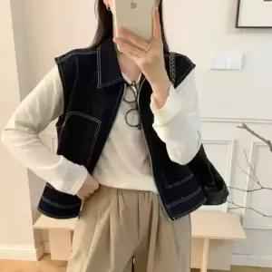 EAMT 여성 데님 캐주얼 빈티지 조끼 터틀넥 톱 민소매 YJ1