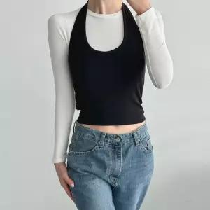 [옷자락]여자 유넥 홀터넥 무지 슬림핏 크롭 백리스 스판 나시