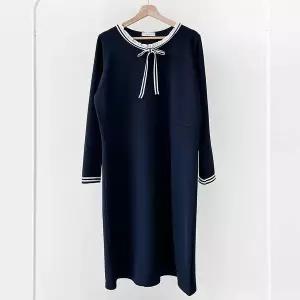 [하프클럽/]여성 리본 대형 네이비 프릴카라 롱드레스