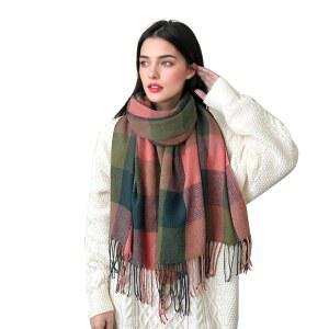 룬이젠지 여성용 롱 격자무늬 담요 스카프 오버사이즈 겨울 가을 따뜻한 빅 타탄 랩 숄 여성 선물 핑크 그린