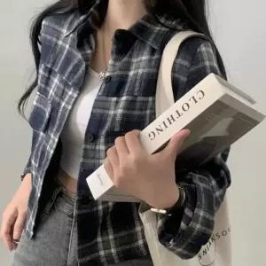 [에스에스_63]스트릿 여성롱티셔츠 크롭 캐주얼 체크셔츠