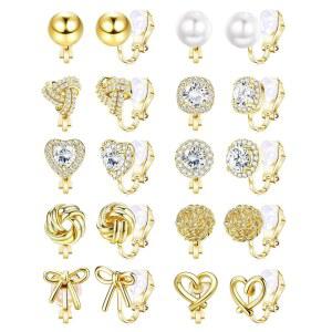 여성용 금도금 큐빅 지르코니아 귀걸이 데코 클립 스터드 비관통 트위스트 매듭 시뮬레이션 진주 하트 세트